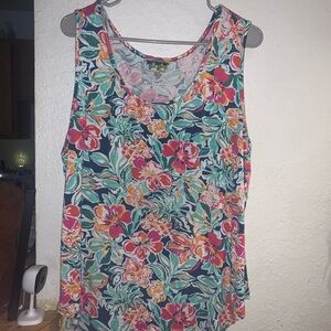 Tropical Floral Sleeveless Scoop Neck Tank - Teal Multi